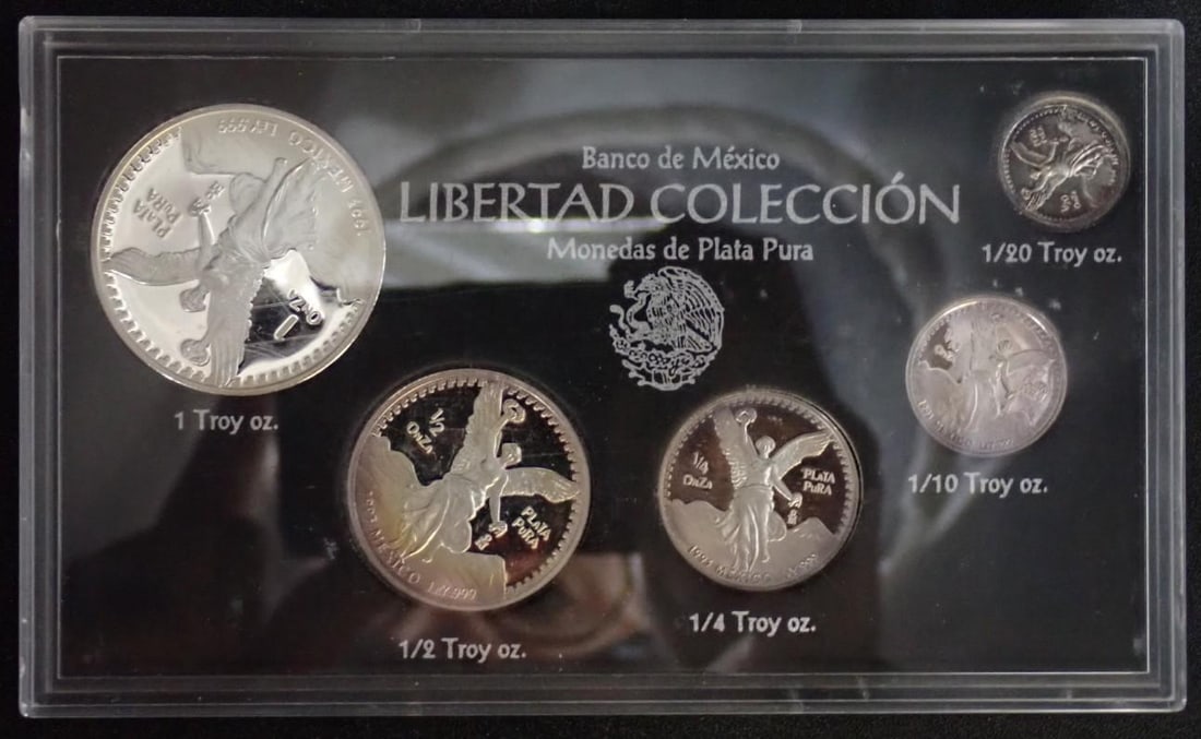 (5) Pc. 1993 Mexico Libertad Proof .999 Silver Coin Set: (5) Pc. 1993 Mexico Libertad Proof .999 Silver Coin Set -1 Oz., 1/2 Oz., 1/4 Oz., 1/10 Oz. & 1/20 Oz.