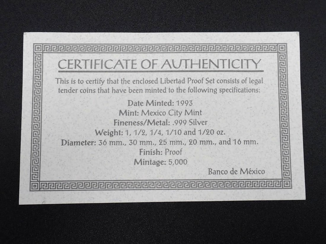 (5) Pc. 1993 Mexico Libertad Proof .999 Silver Coin Set - 3