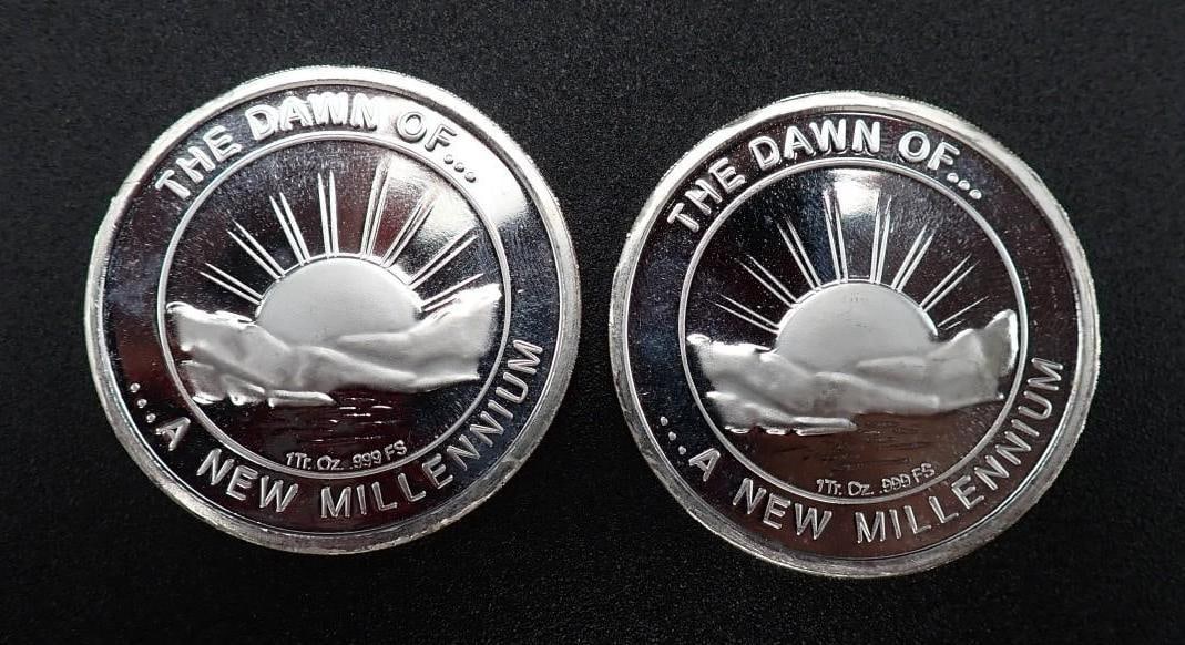 (2) 2000 "The Dawn of a New Millenium" 1 Ounce .999 Silver Rounds - 3