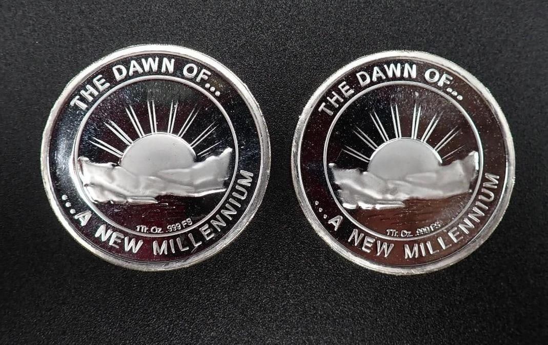 (2) 2000 "The Dawn of a New Millenium" 1 Ounce .999 Silver Rounds - 2