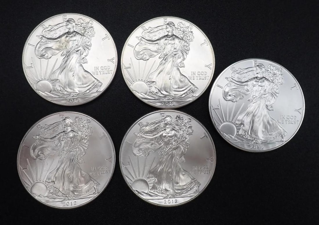 (5) 2012 U.S. American Eagle 1 Ounce .999 Silver Coins (1 of 2)