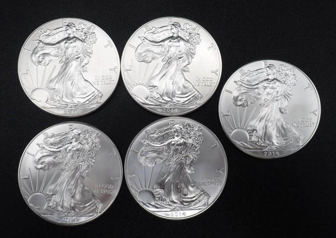 (5) 2014 U.S. American Eagle 1 Ounce .999 Silver Coins (1 of 2)