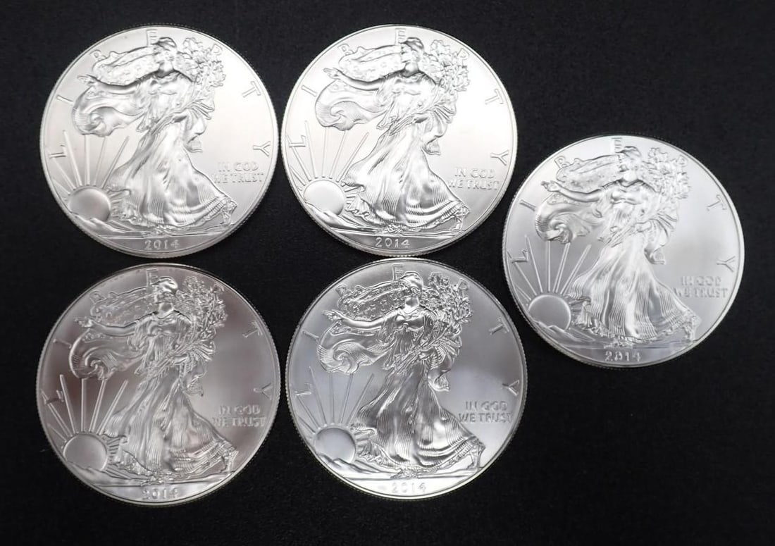 (5) 2014 U.S. American Eagle 1 Ounce .999 Silver Coins (1 of 2)