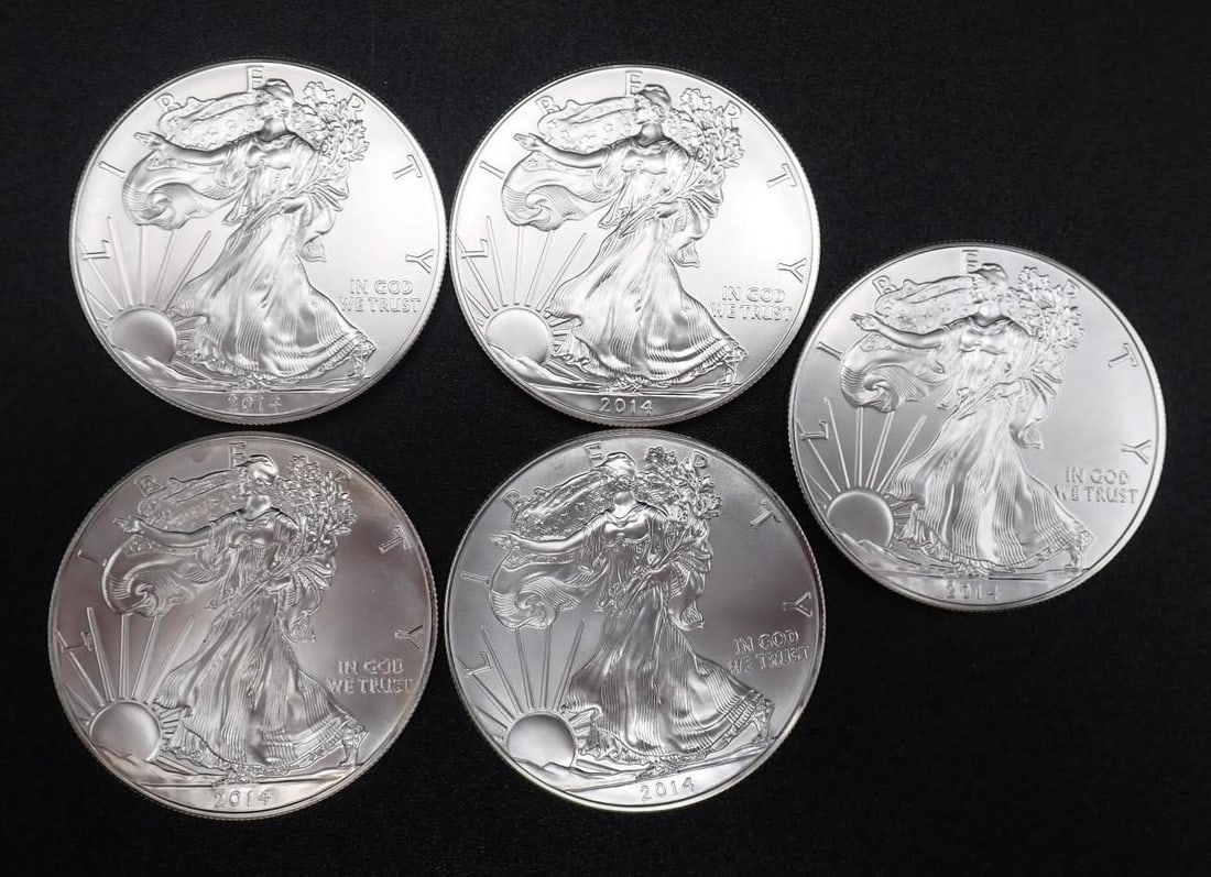 (5) 2014 U.S. American Eagle 1 Ounce .999 Silver Coins (1 of 2)