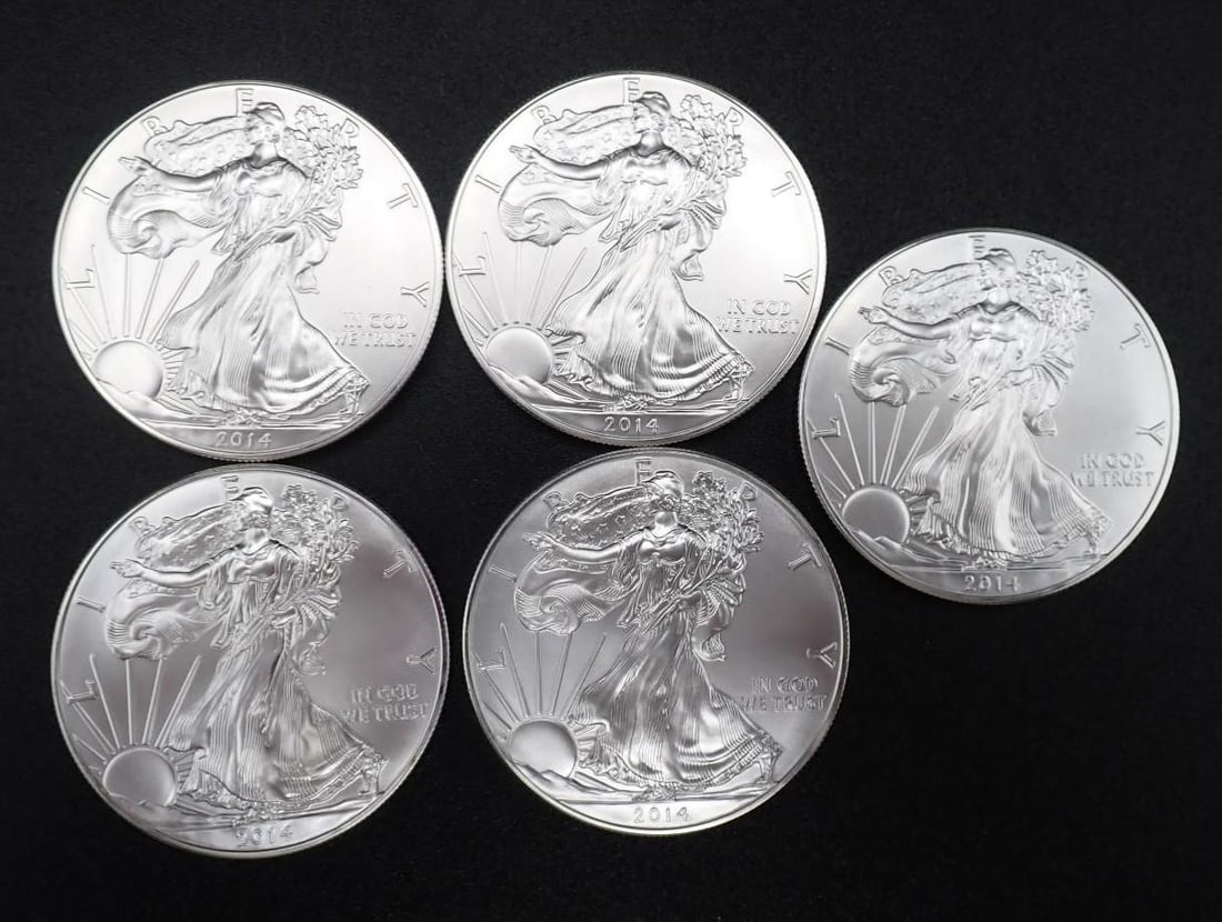 (5) 2014 U.S. American Eagle 1 Ounce .999 Silver Coins (1 of 2)