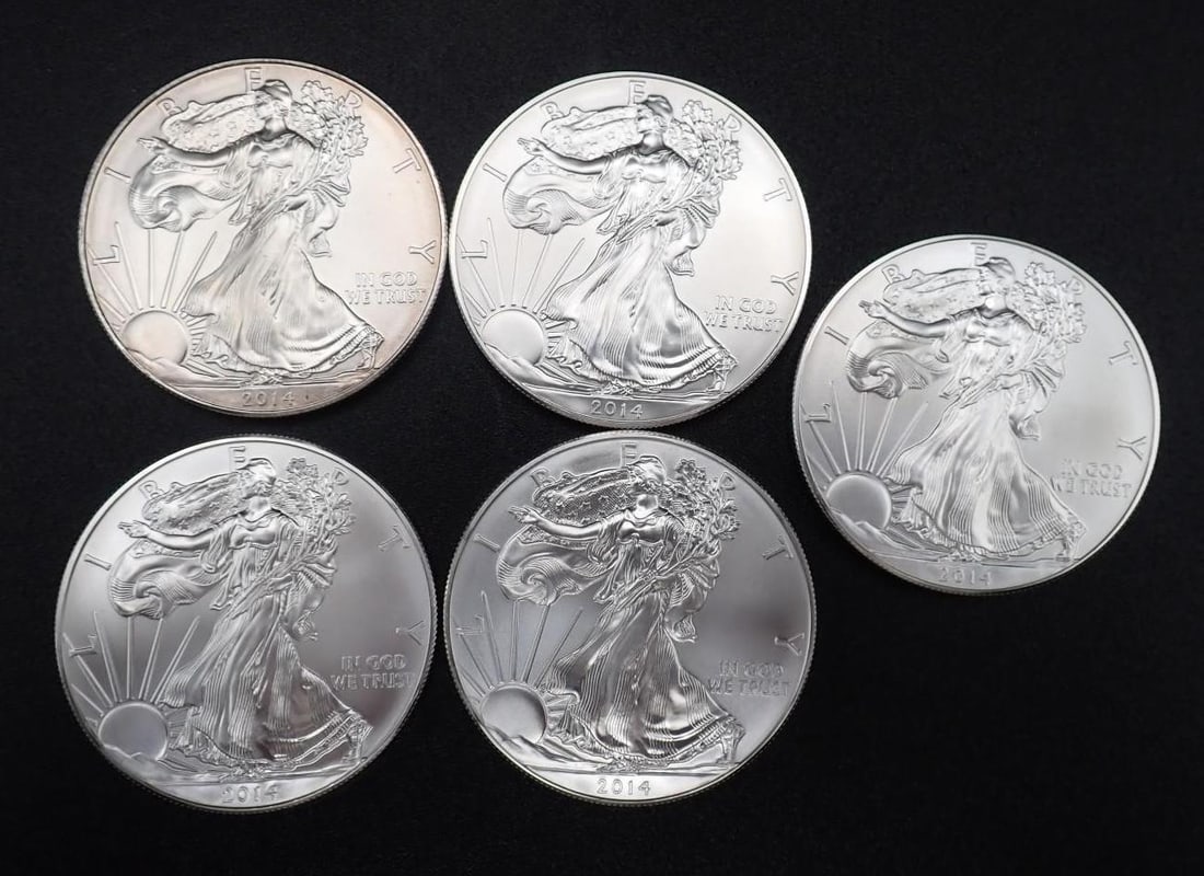 (5) 2014 U.S. American Eagle 1 Ounce .999 Silver Coins (1 of 2)