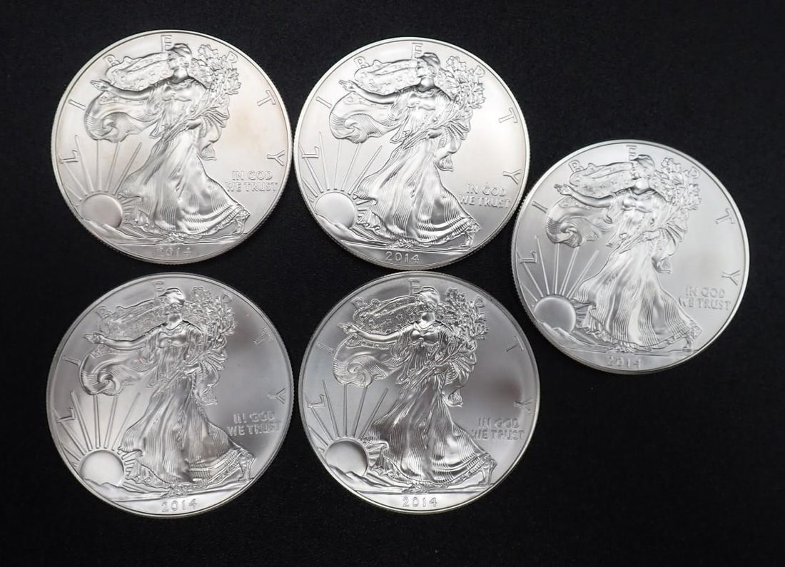 (5) 2014 U.S. American Eagle 1 Ounce .999 Silver Coins (1 of 2)