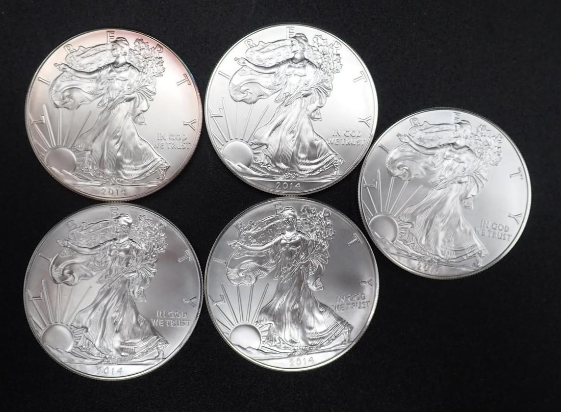 (5) 2014 U.S. American Eagle 1 Ounce .999 Silver Coins (1 of 2)