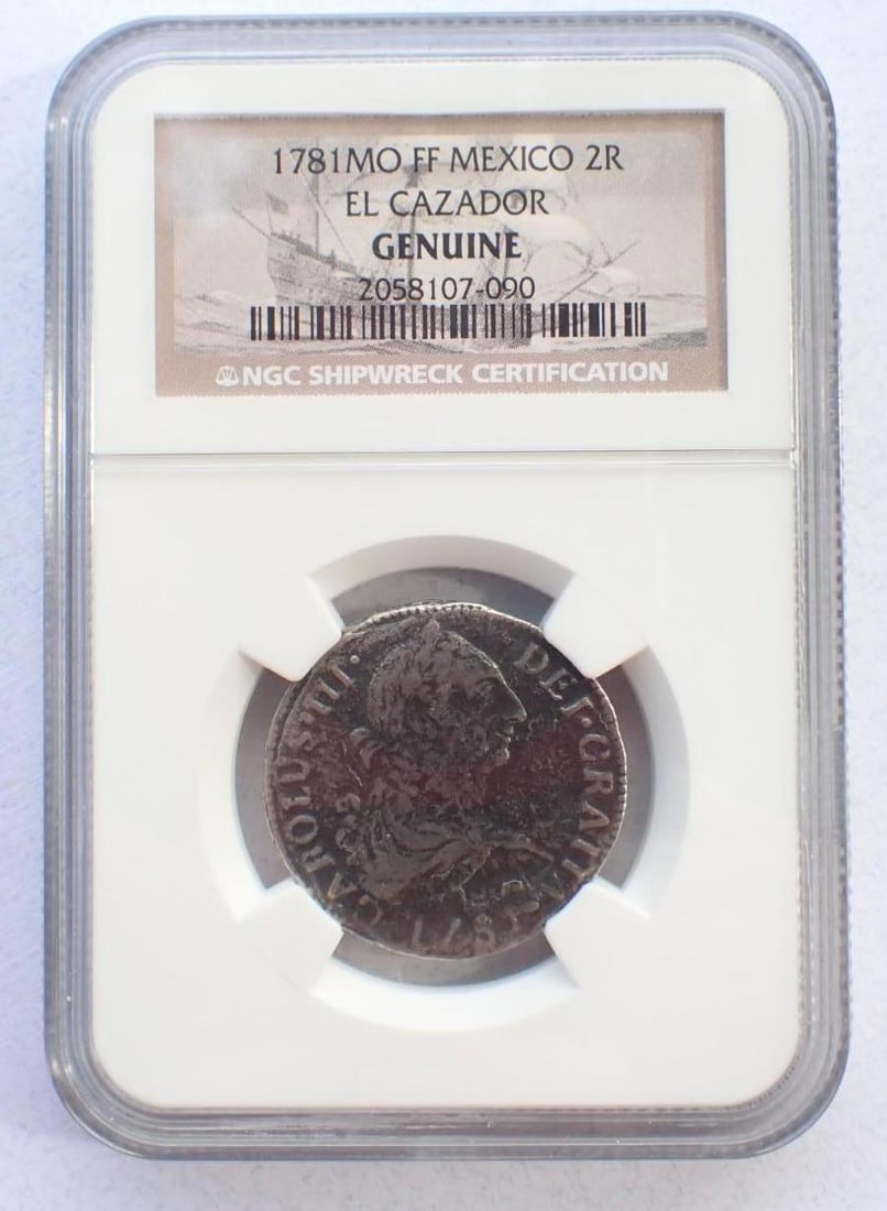 El Cazador Shipwreck 1781MO FF Mexico 2 Reales: El Cazador Shipwreck 1781MO FF Mexico 2 Reales -NGC Genuine