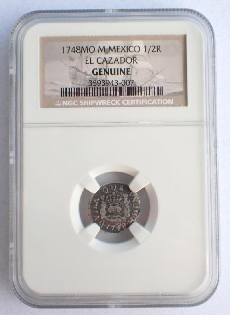 El Cazador Shipwreck 1748MO M Mexico 1/2 Real: El Cazador Shipwreck 1748MO M Mexico 1/2 Real -NGC Genuine