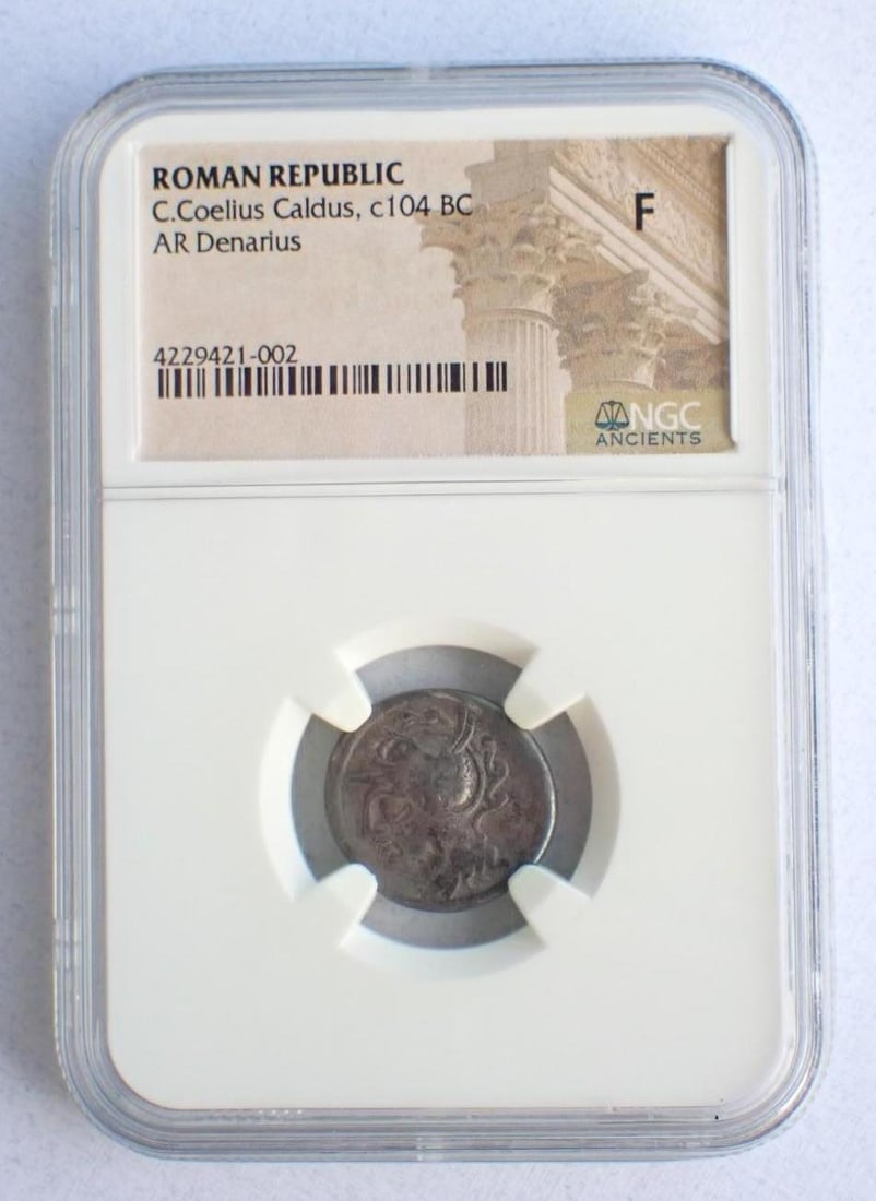 Ancient Coin: Roman Republic C. Coelius Caldus (c. 104 BC) AR Denarius: Ancient Coin: Roman Republic C. Coelius Caldus (c. 104 BC) AR Denarius -NGC F