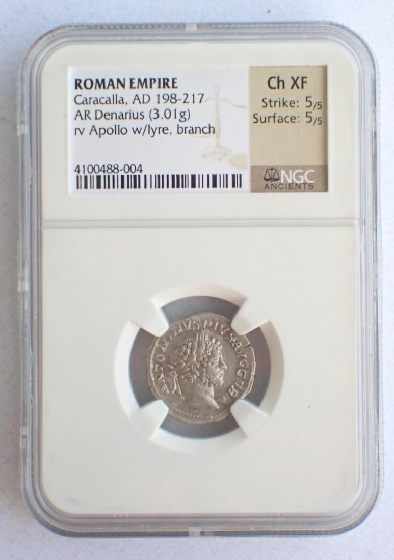 Ancient Coin: Roman Empire Caracalla (AD 198-217) AR Denarius: Ancient Coin: Roman Empire Caracalla (AD 198-217) AR Denarius -NGC Ch XF