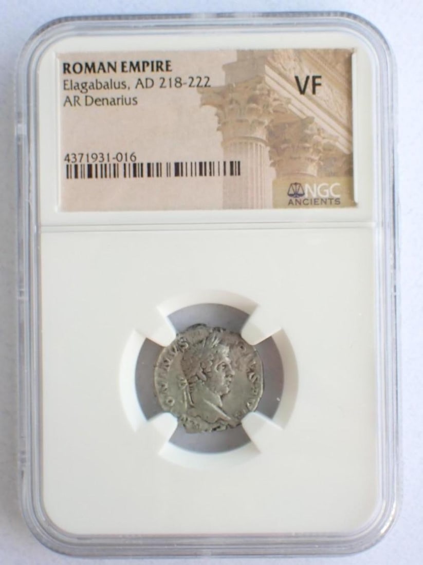 Ancient Coin: Roman Empire Elagabalus (AD 218-222) AR Denarius: Ancient Coin: Roman Empire Elagabalus (AD 218-222) AR Denarius -NGC VF