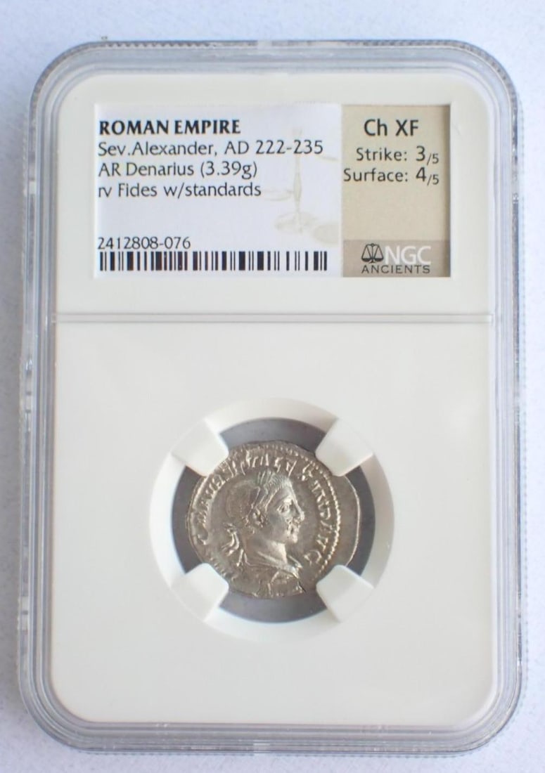 Ancient Coin: Roman Empire Sev. Alexander (AD 222-235) AR Denarius: Ancient Coin: Roman Empire Sev. Alexander (AD 222-235) AR Denarius -NGC Ch XF