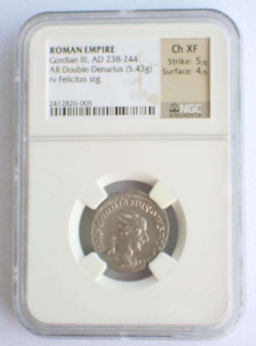 Ancient Coin: Roman Empire Gordian III (AD 238-244) AR Double-Denarius: Ancient Coin: Roman Empire Gordian III (AD 238-244) AR Double-Denarius -NGC Ch XF