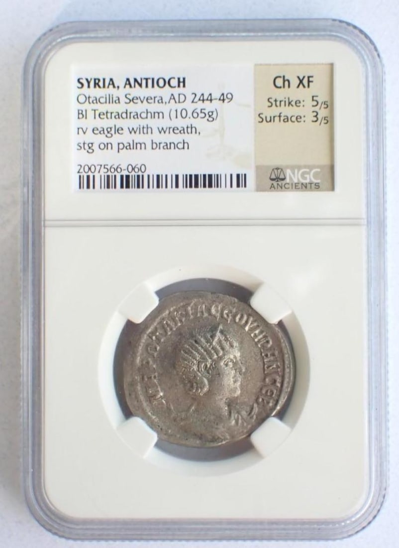 Ancient Coin: Syria, Antioch Otacilia Severa (AD 244-49) BI Tetradrachm: Ancient Coin: Syria, Antioch Otacilia Severa (AD 244-49) BI Tetradrachm -NGC Ch XF