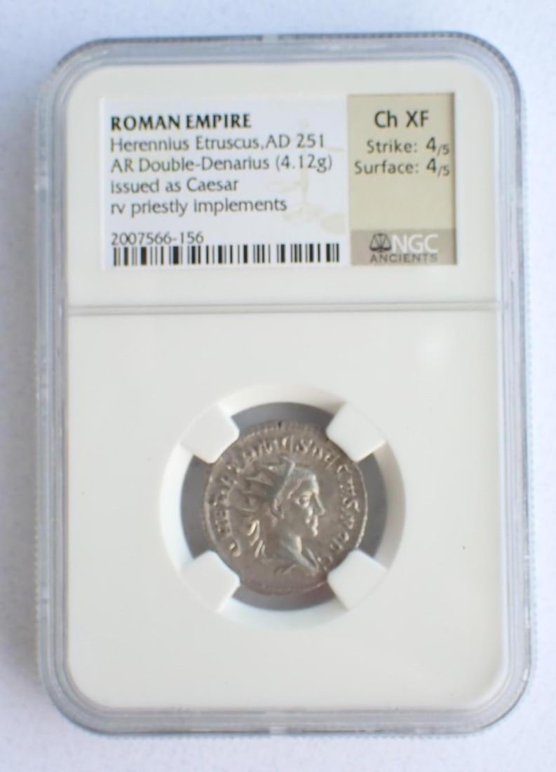 Ancient Coin: Roman Empire Herennius Etruscus (AD 251) AR Double-Denarius: Ancient Coin: Roman Empire Herennius Etruscus (AD 251) AR Double-Denarius -NGC Ch XF