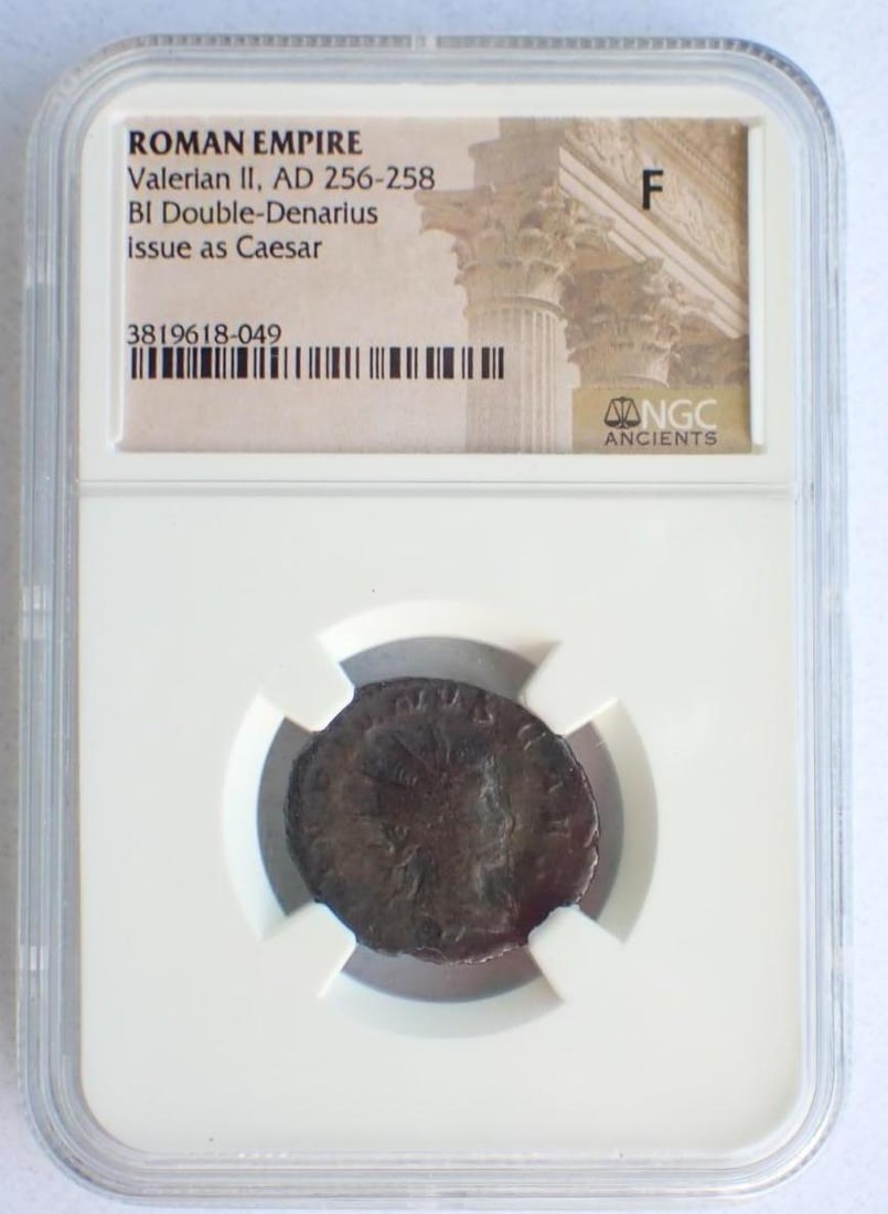 Ancient Coin: Roman Empire Valerian II (AD 256-258) BI Double-Denarius: Ancient Coin: Roman Empire Valerian II (AD 256-258) BI Double-Denarius -NGC F