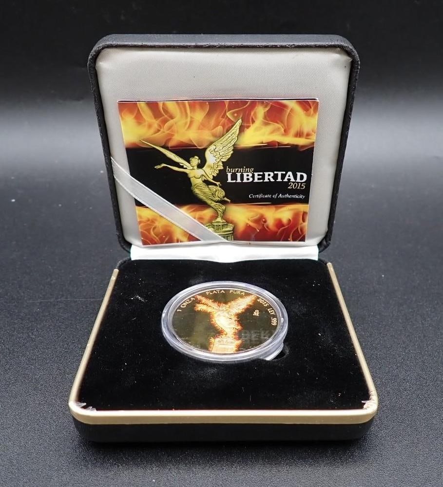 Cased 2015 Mexico "Burning Libertad" 1 Ounce .999 Silver Coin (1 of 3)