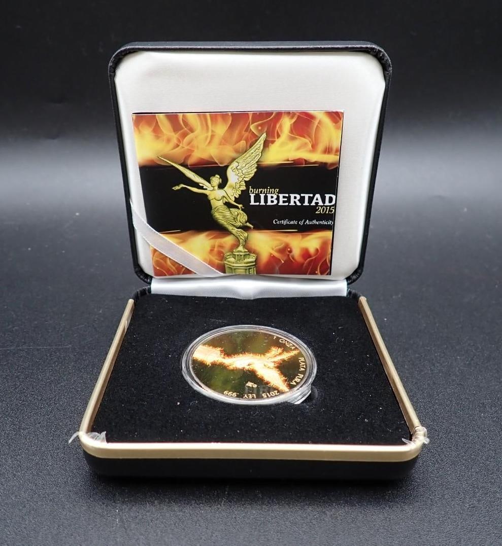 Cased 2015 Mexico "Burning Libertad" 1 Ounce .999 Silver Coin (1 of 3)