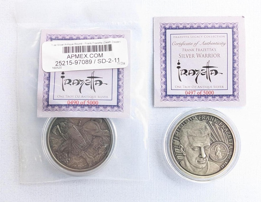 (2) Frank Frazetta Proof 1 Ounce .999 Silver Rounds: (2) Frank Frazetta Proof 1 Ounce .999 Silver Rounds -"Silver Warrior" & "Death Dealer"