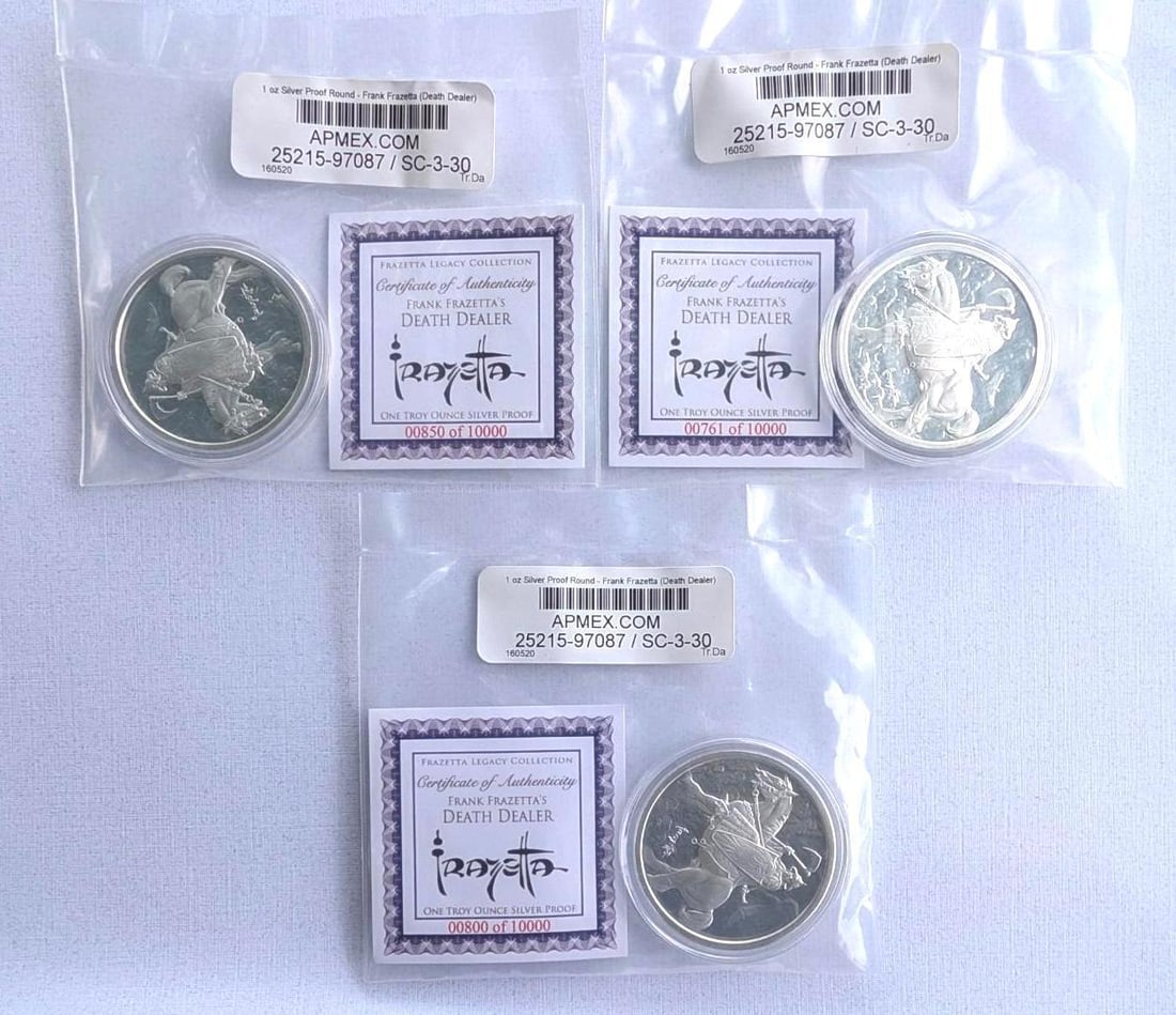 (3) Frank Frazetta Proof "Death Dealer" 1 Ounce .999 Silver Rounds: (3) Frank Frazetta Proof "Death Dealer" 1 Ounce .999 Silver Rounds -