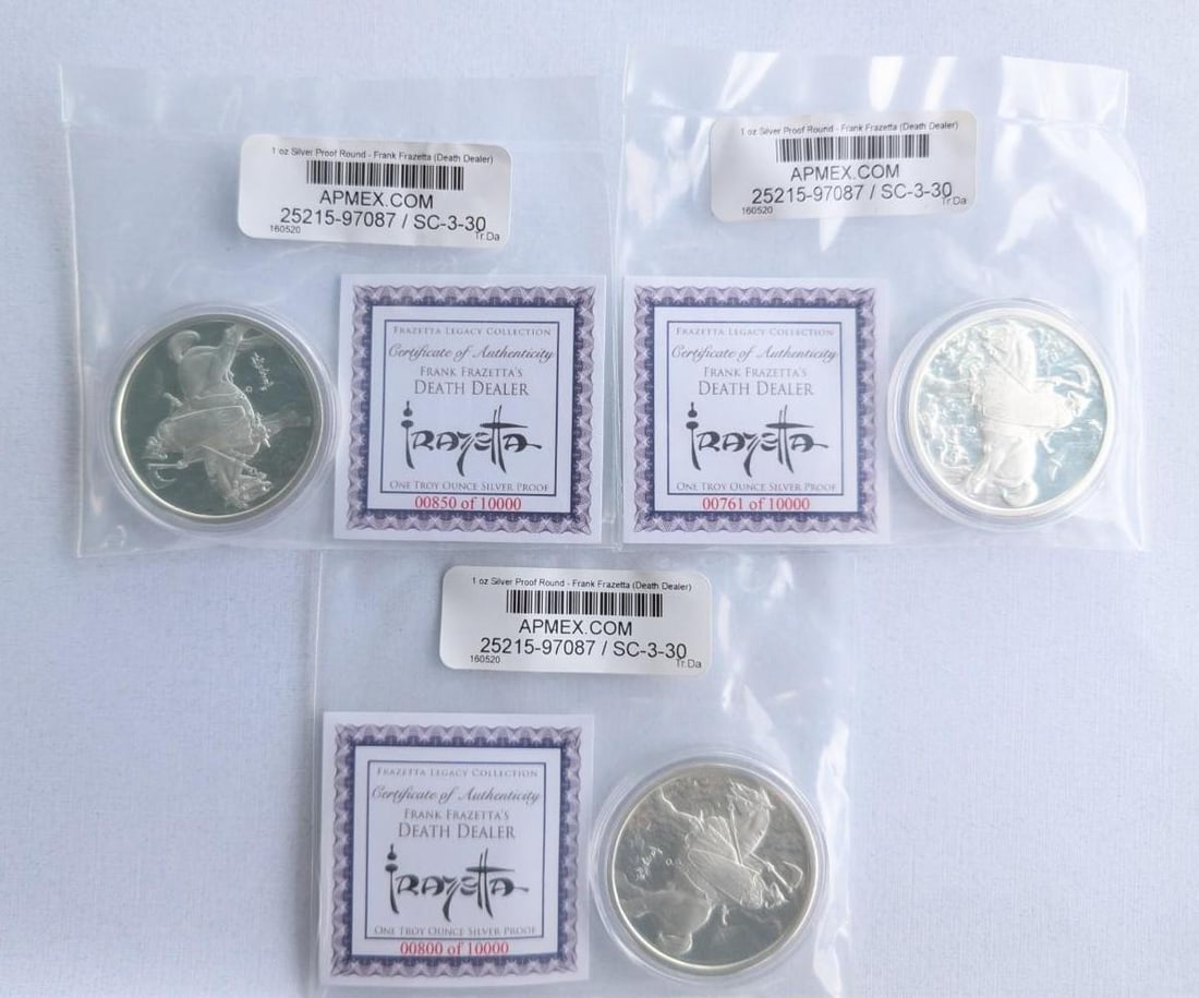 (3) Frank Frazetta Proof "Death Dealer" 1 Ounce .999 Silver Rounds - 2