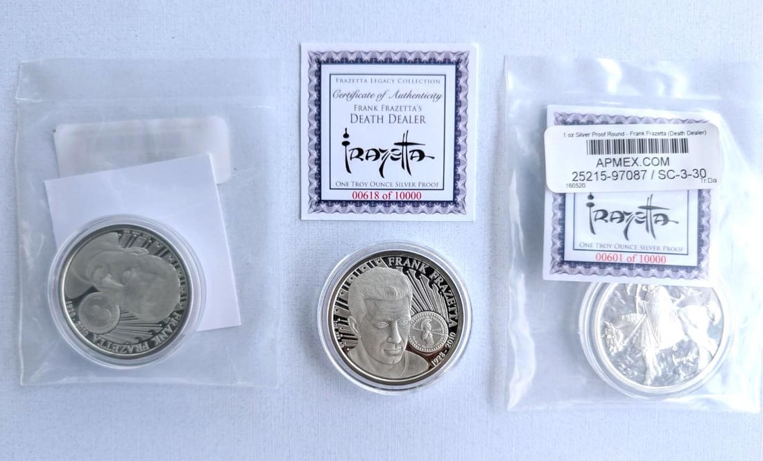 (3) Frank Frazetta Proof "Death Dealer" 1 Ounce .999 Silver Rounds: (3) Frank Frazetta Proof "Death Dealer" 1 Ounce .999 Silver Rounds -
