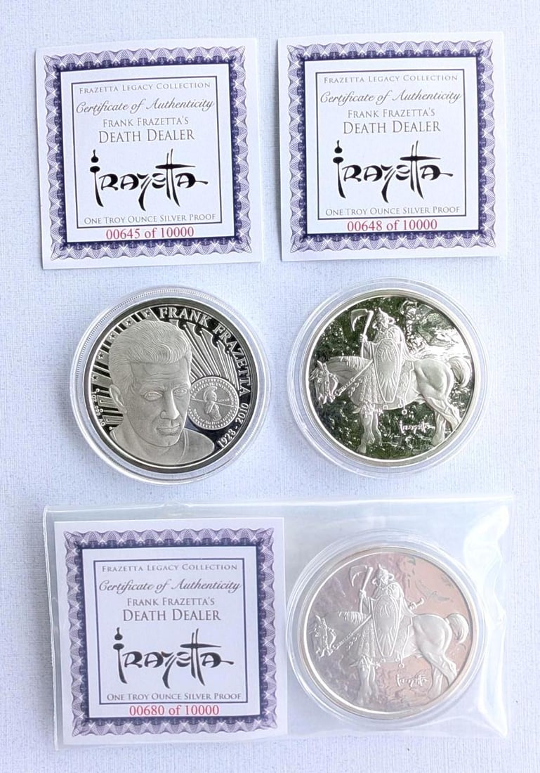 (3) Frank Frazetta Proof "Death Dealer" 1 Ounce .999 Silver Rounds: (3) Frank Frazetta Proof "Death Dealer" 1 Ounce .999 Silver Rounds -