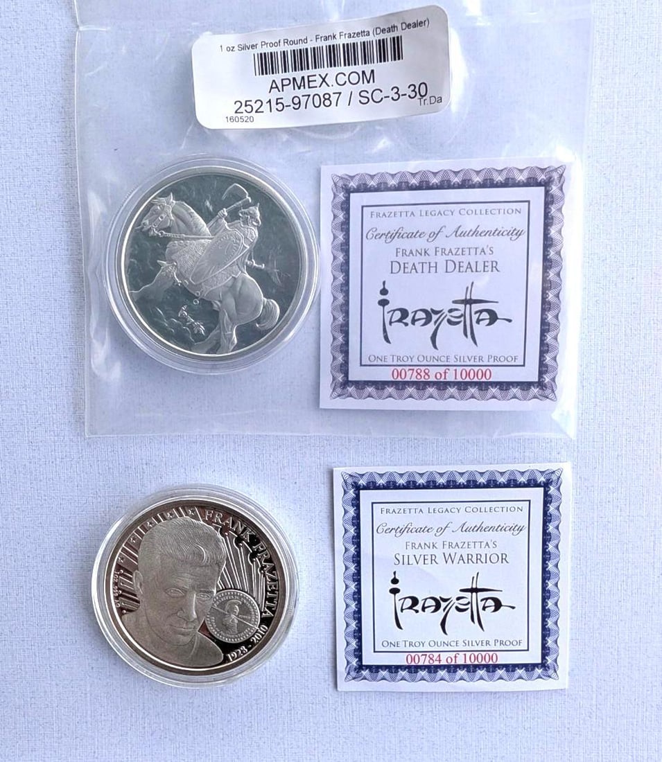 (2) Frank Frazetta Antique Finish 1 Ounce .999 Silver Rounds: (2) Frank Frazetta Antique Finish 1 Ounce .999 Silver Rounds -"Silver Warrior" & "Death Dealer"