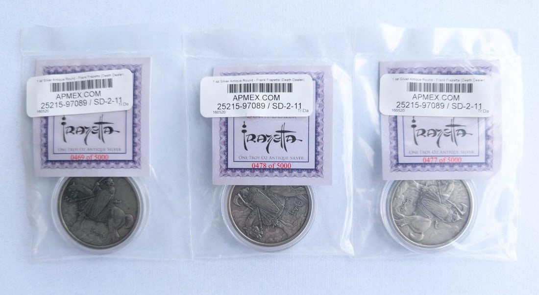 (3) Frank Frazetta Antique Finish "Death Dealer" 1 Ounce .999 Silver Rounds: (3) Frank Frazetta Antique Finish "Death Dealer" 1 Ounce .999 Silver Rounds -