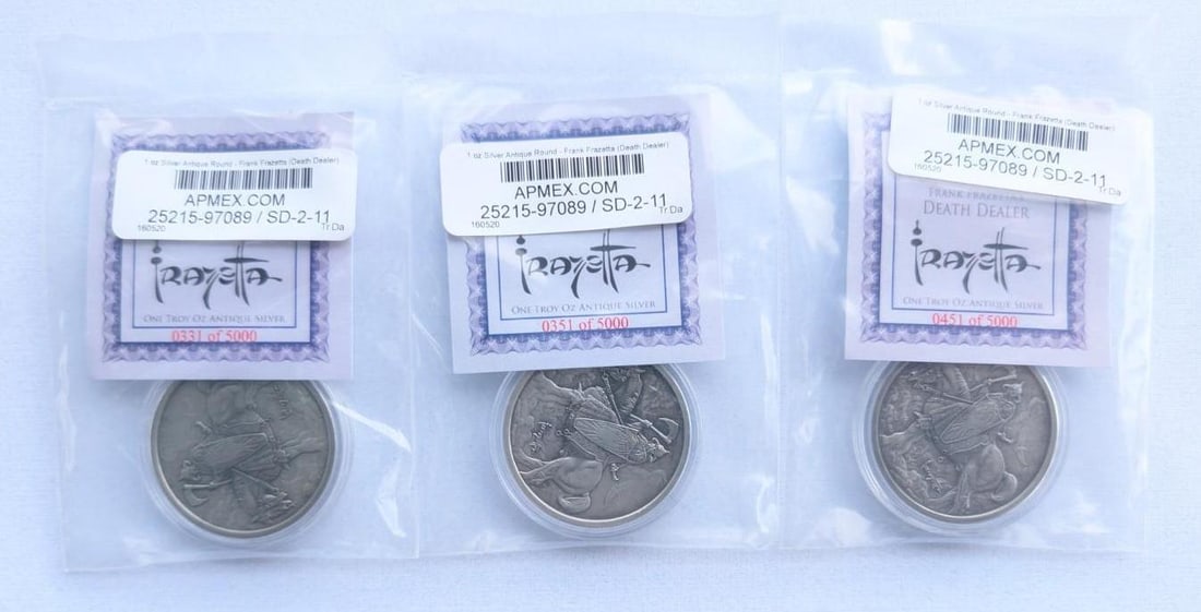 (3) Frank Frazetta Antique Finish "Death Dealer" 1 Ounce .999 Silver Rounds: (3) Frank Frazetta Antique Finish "Death Dealer" 1 Ounce .999 Silver Rounds -