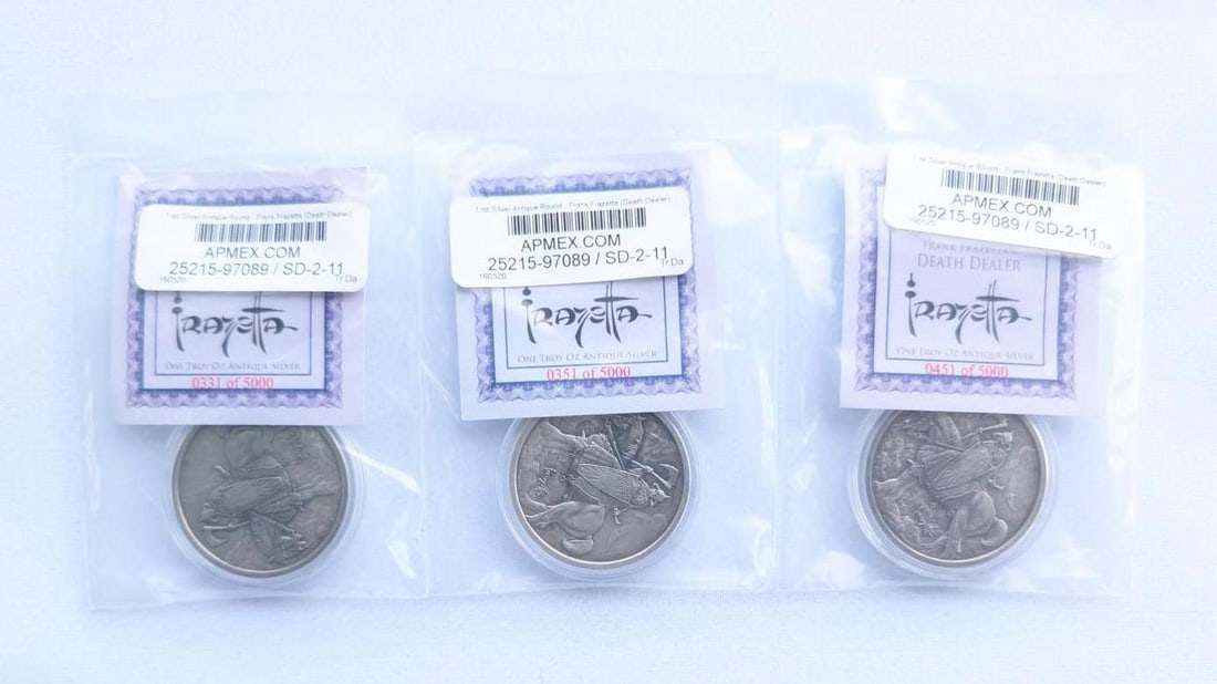 (3) Frank Frazetta Antique Finish "Death Dealer" 1 Ounce .999 Silver Rounds - 2