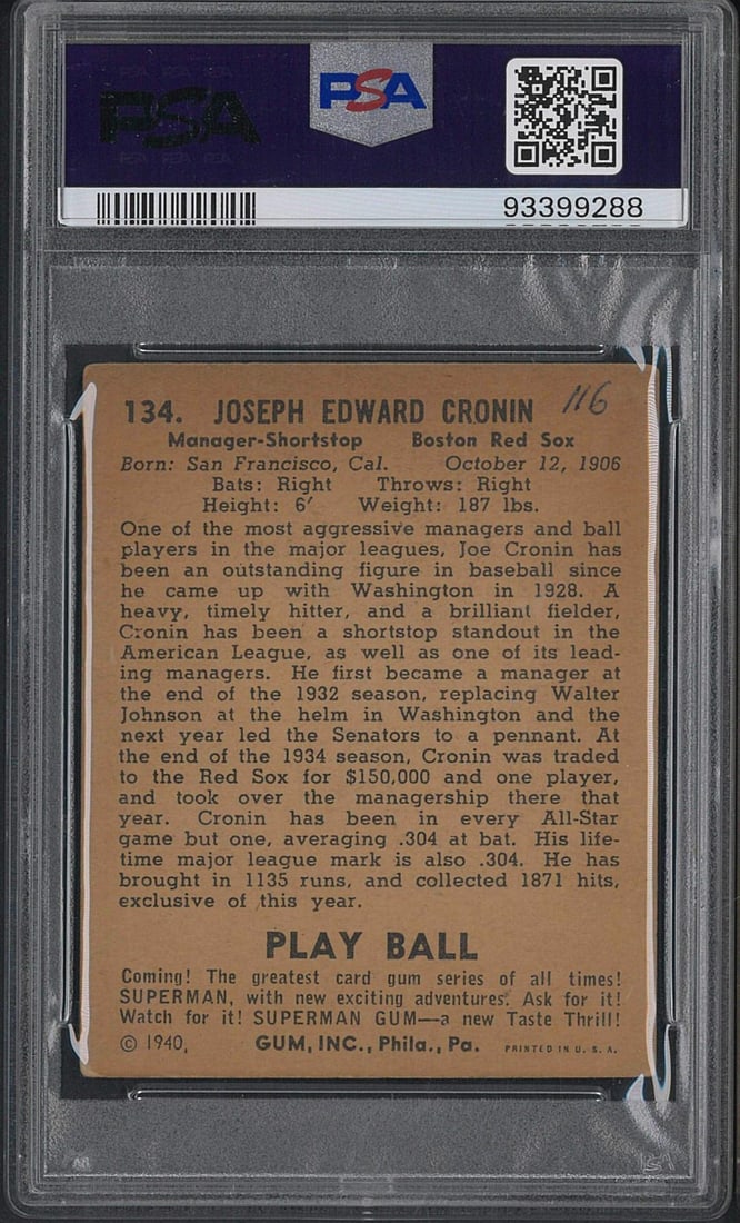1940 Play Ball #134 Joe Cronin - 2