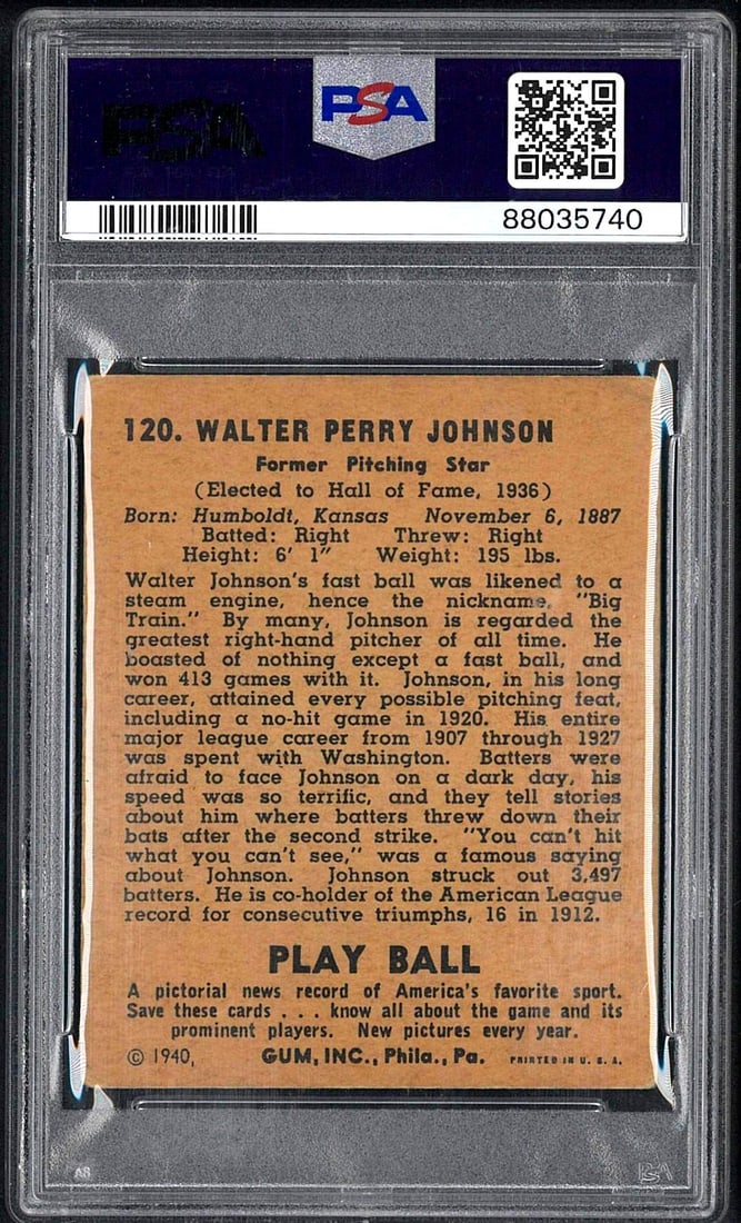 1940 Play Ball #120 Walter Johnson - 2