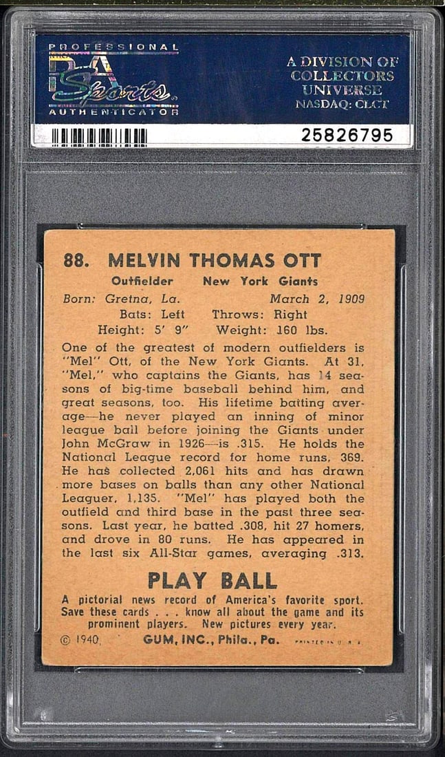 1940 Play Ball #88 Mel Ott - 2