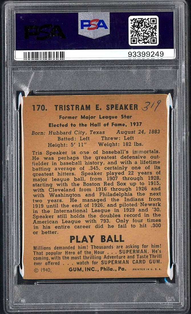 1940 Play Ball #170 Tris Speaker - 2