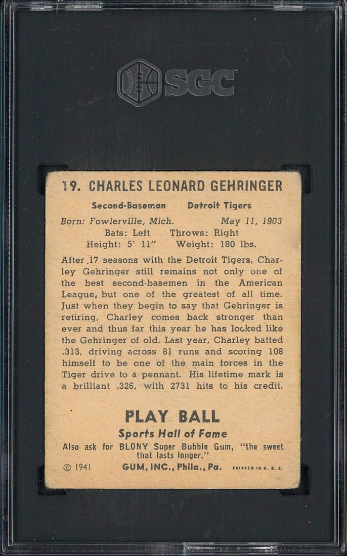 1941 Play Ball #19 Charley Gehringer - 2
