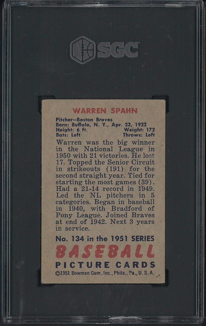 1951 Bowman #134 Warren Spahn - 2