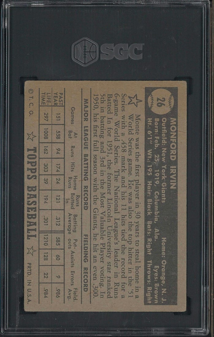 1952 Topps #26 Monte Irvin (black back) - 2