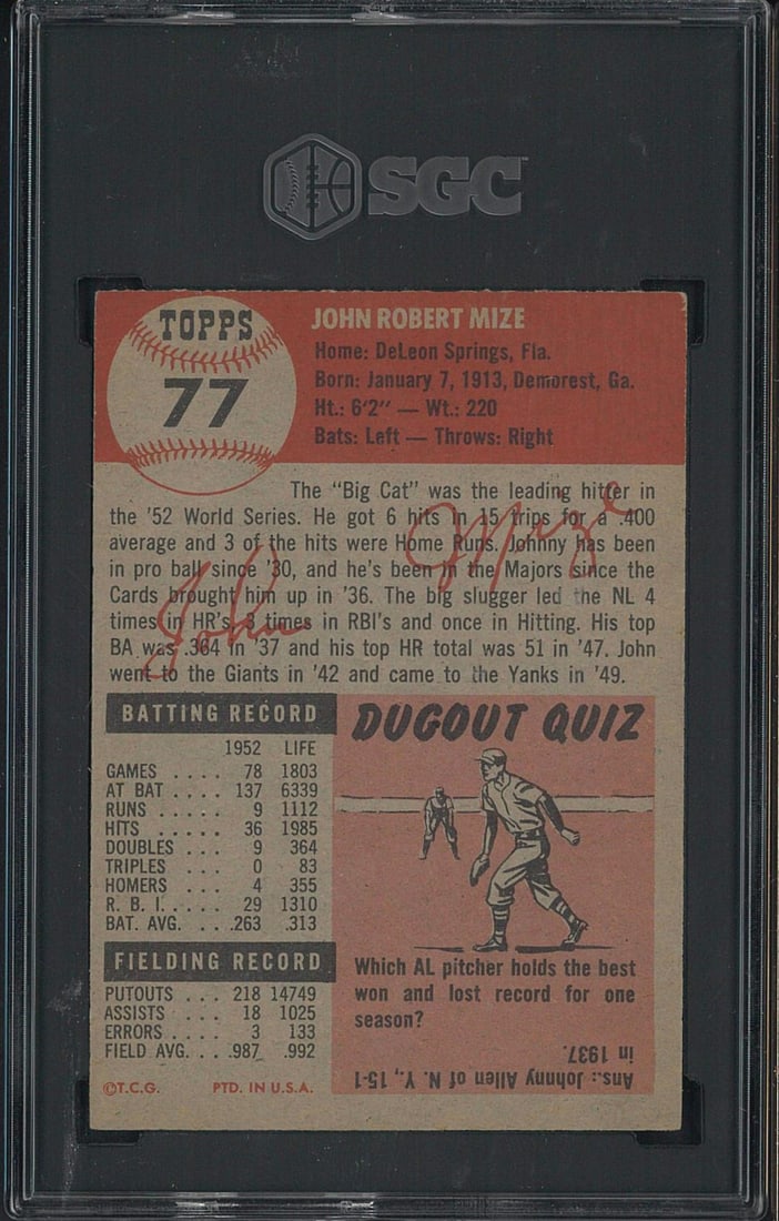1953 Topps #77 John Mize - 2