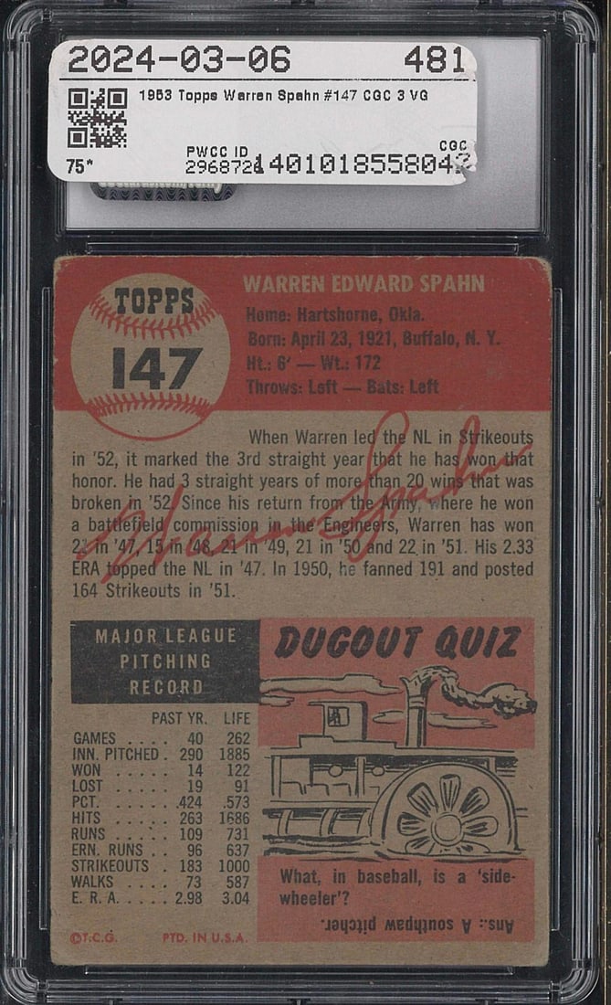 1953 Topps #147 Warren Spahn - 2