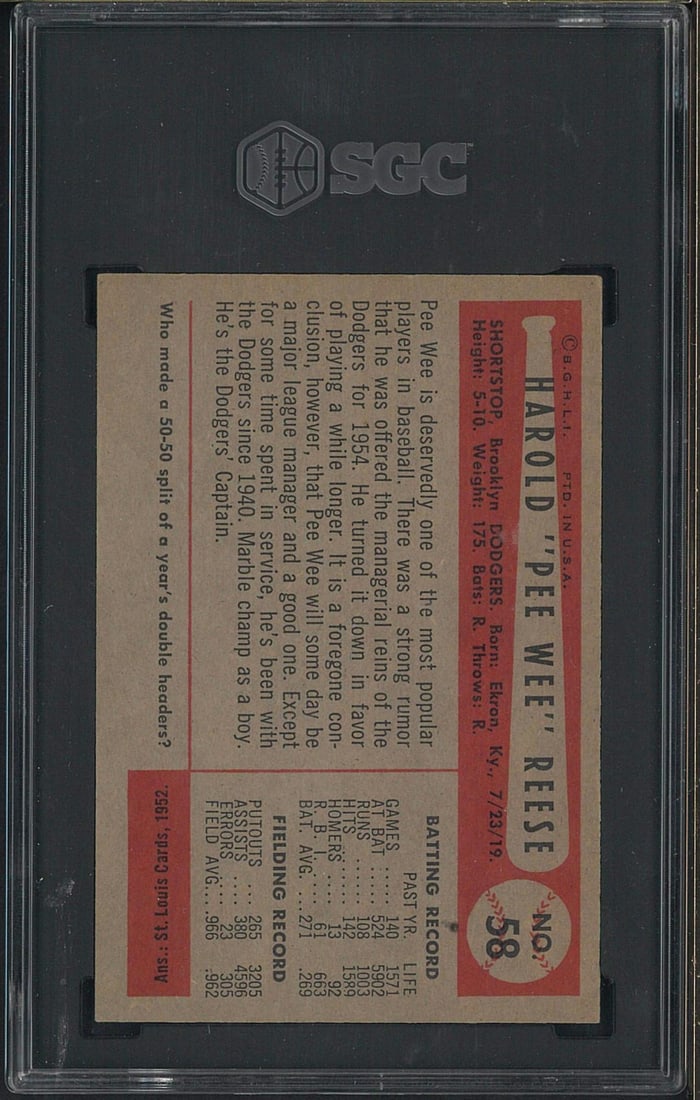 1954 Bowman #58 Pee Wee Reese - 2