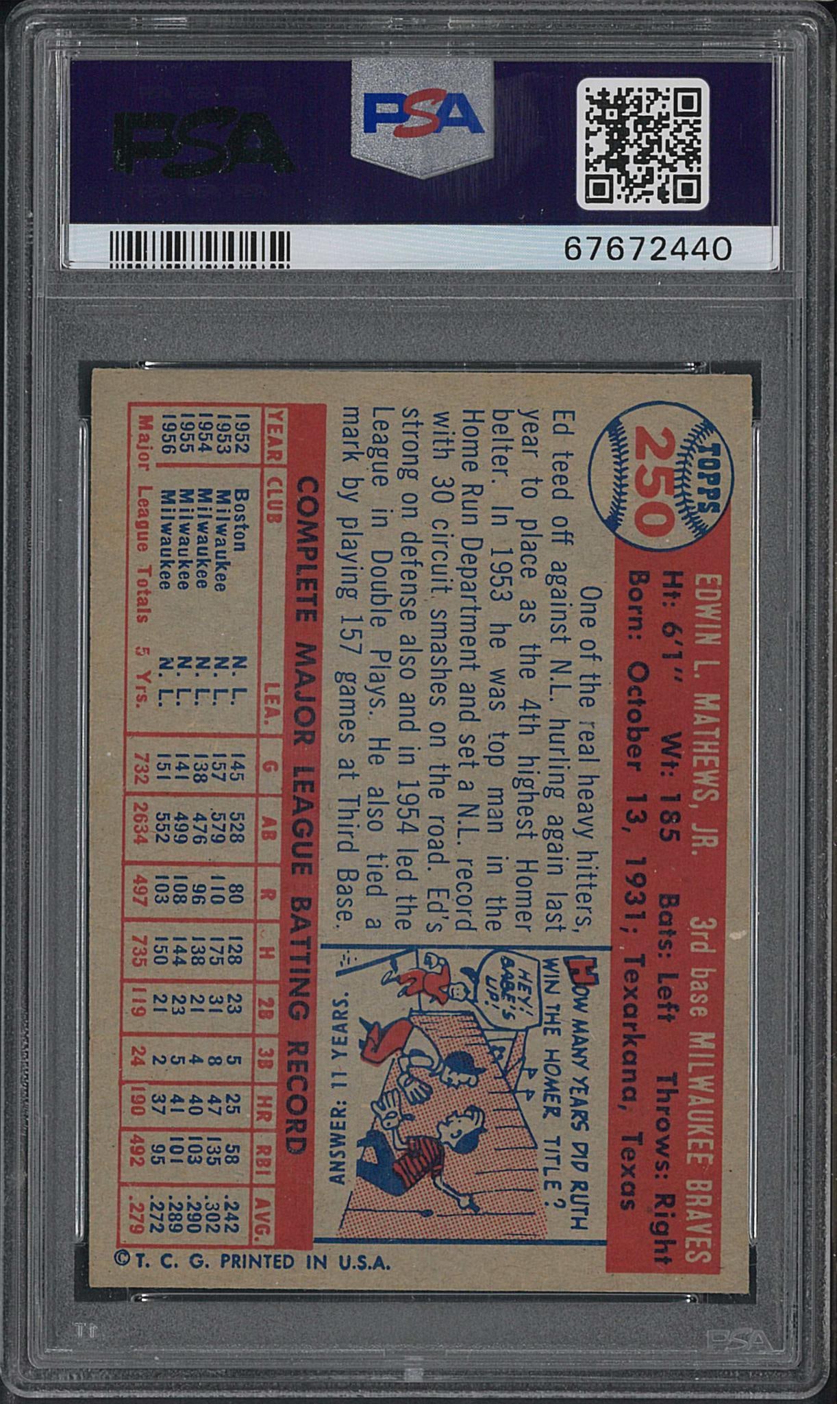 1957 Topps #250 Ed Mathews - 2