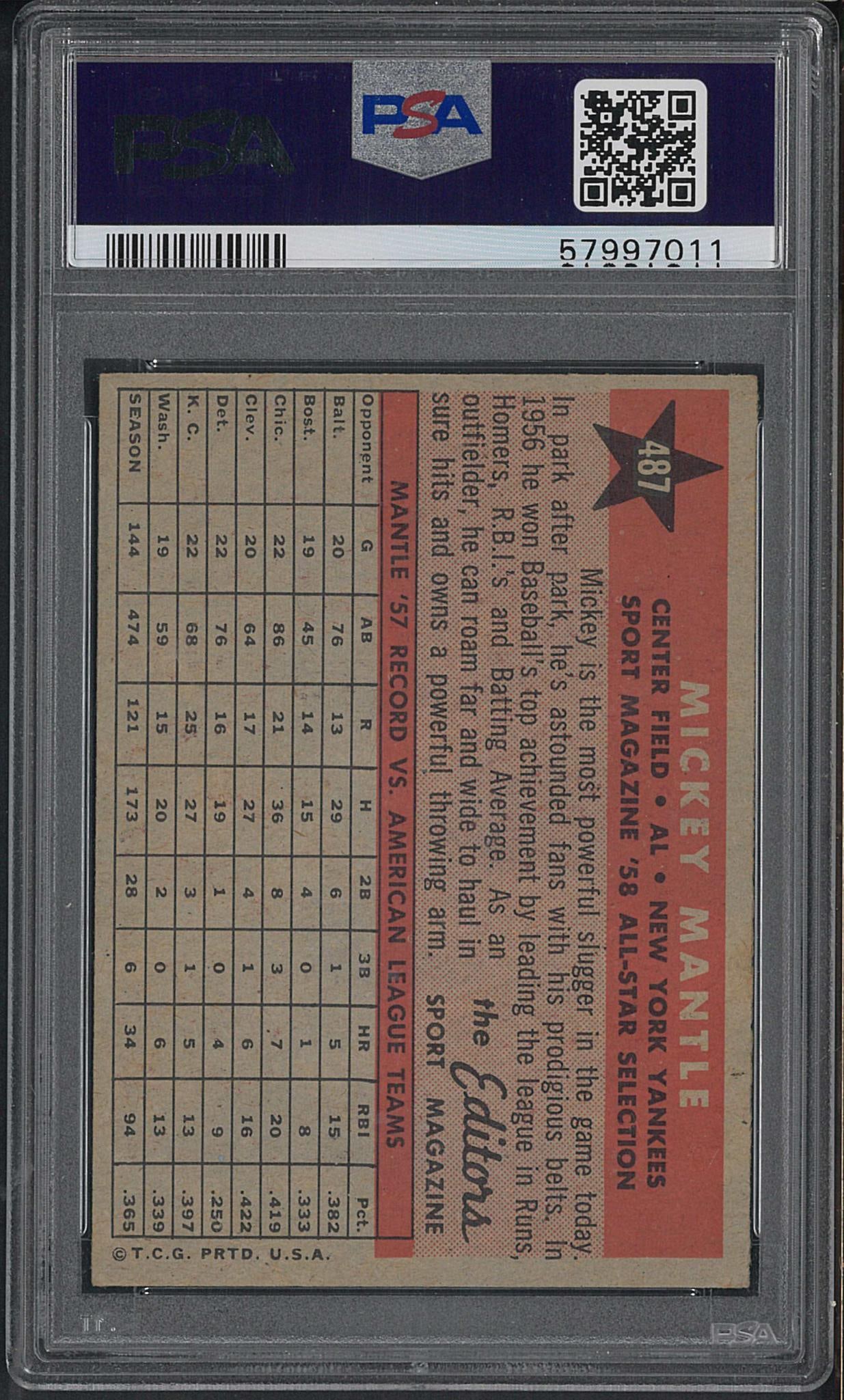 1958 Topps #487 Mickey Mantle - 2