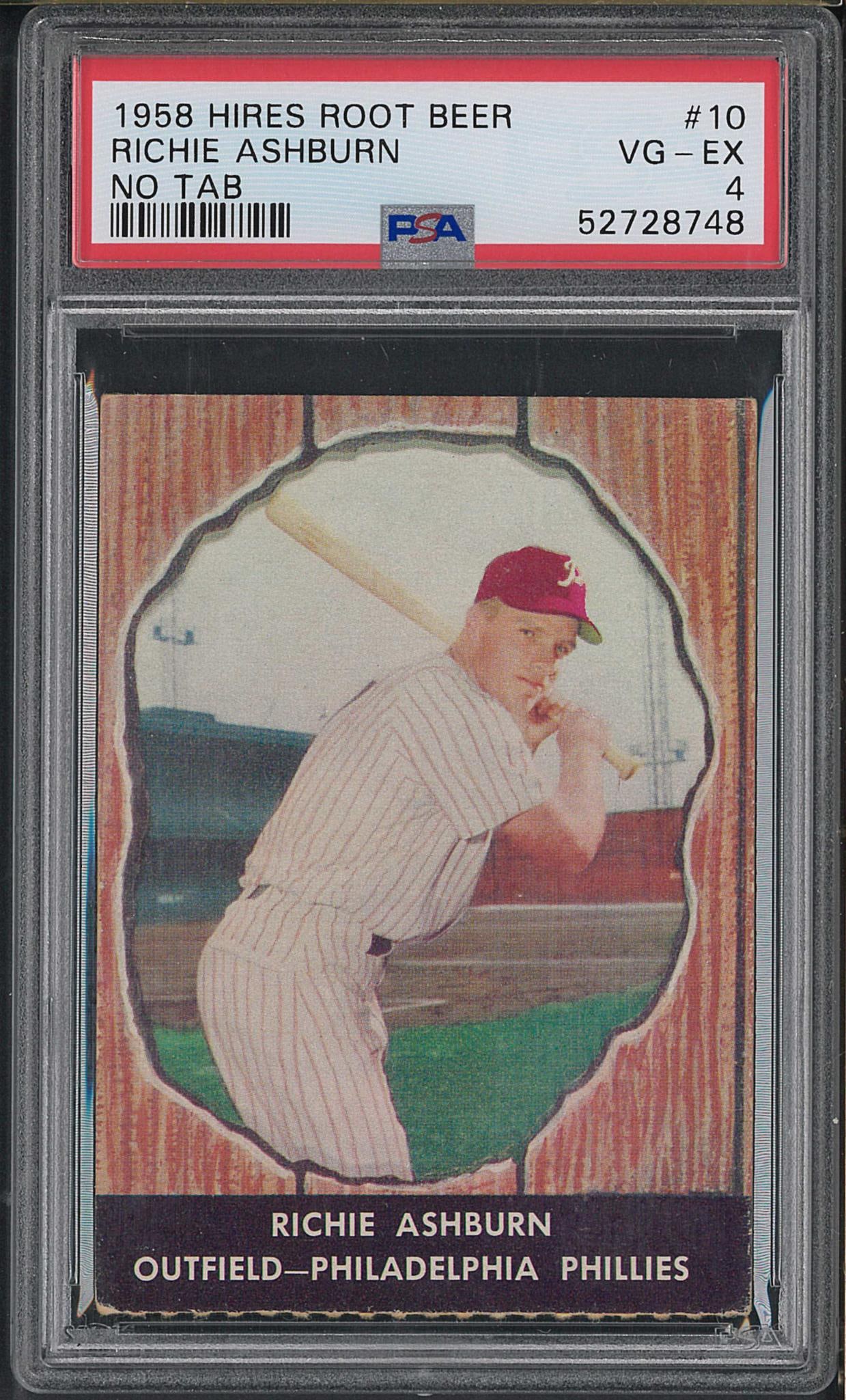 1958 Hires Root Beer #10 Richie Ashburn (no tab): 1958 Hires Root Beer #10 Richie Ashburn (no tab) -PSA VG-EX 4