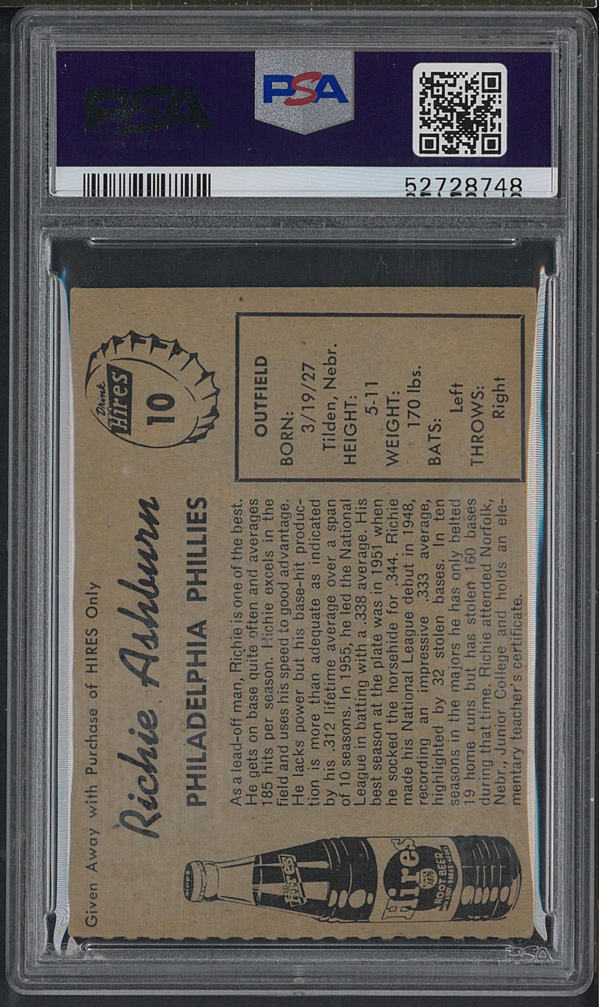1958 Hires Root Beer #10 Richie Ashburn (no tab) - 2