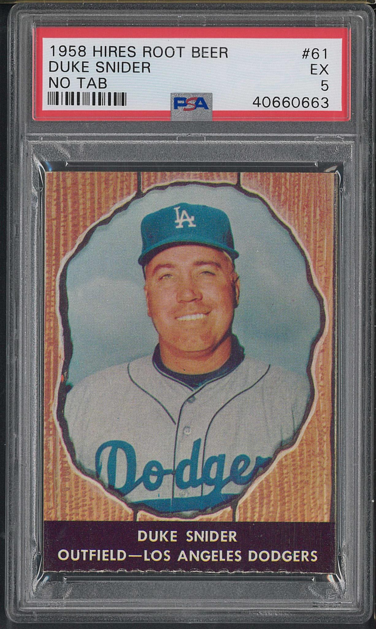 1958 Hires Root Beer #61 Duke Snider (no tab): 1958 Hires Root Beer #61 Duke Snider (no tab) -PSA EX 5