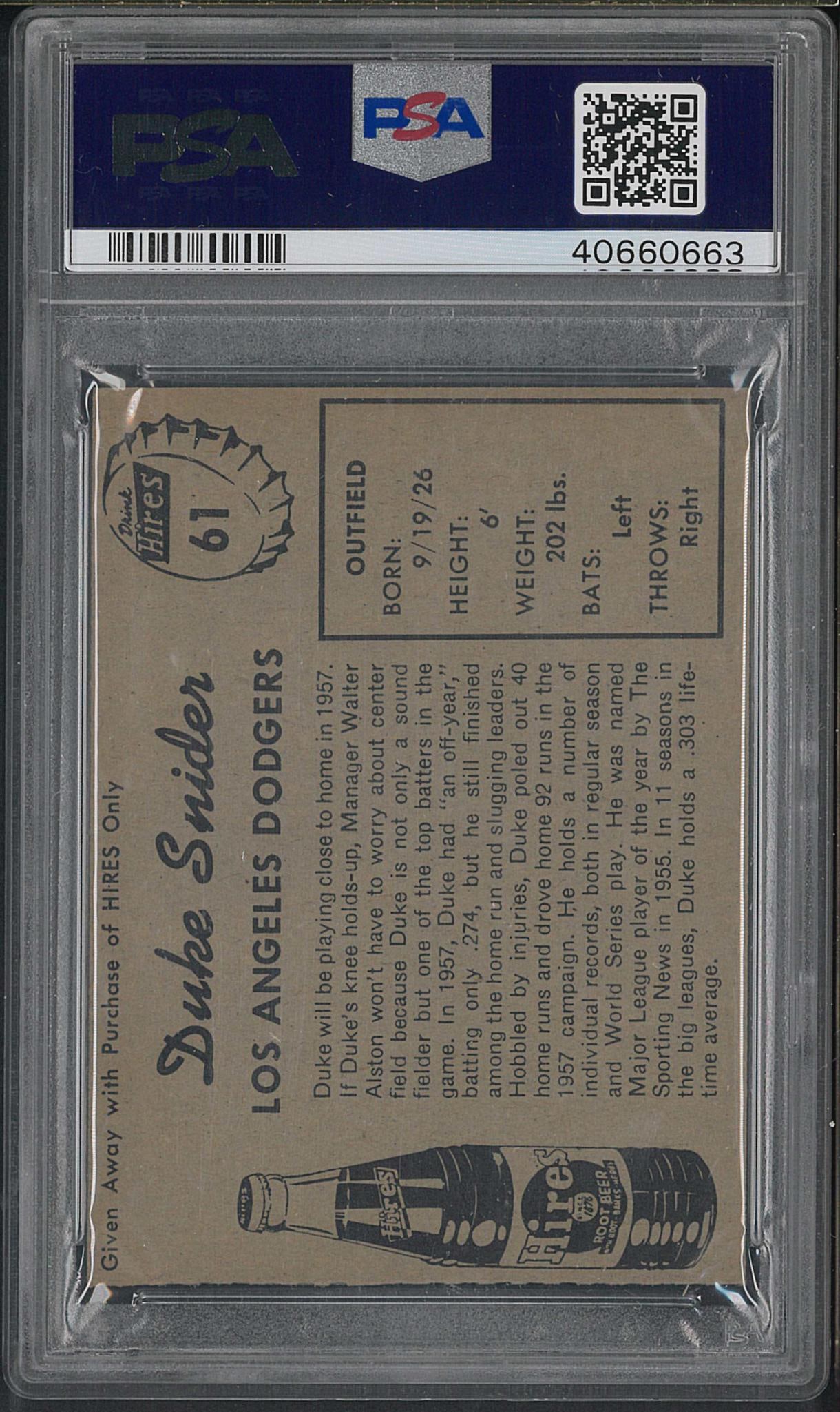 1958 Hires Root Beer #61 Duke Snider (no tab) - 2