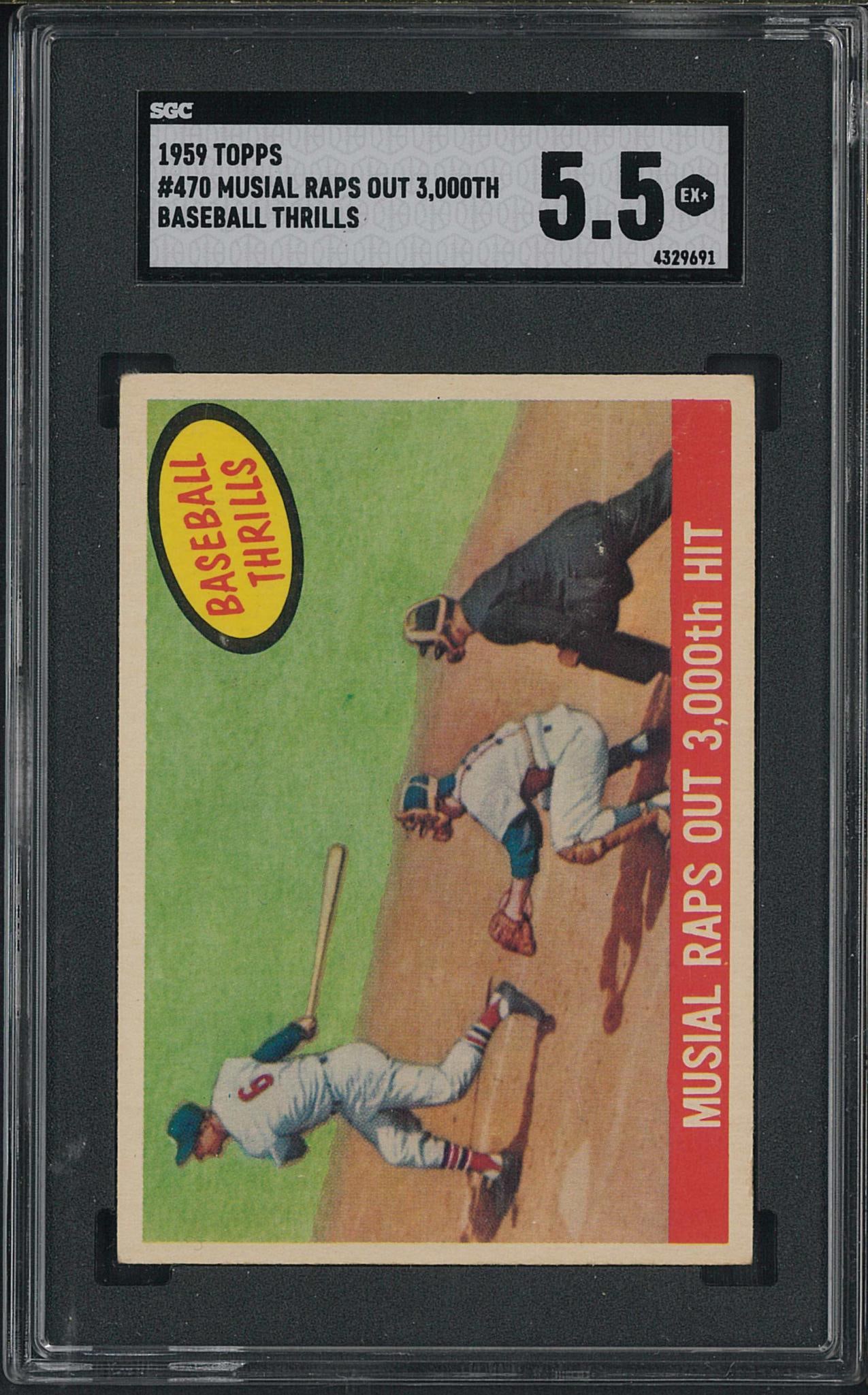 1959 Topps #470 Musial Raps Out 3,000th: 1959 Topps #470 Musial Raps Out 3,000th -SGC EX+ 5.5